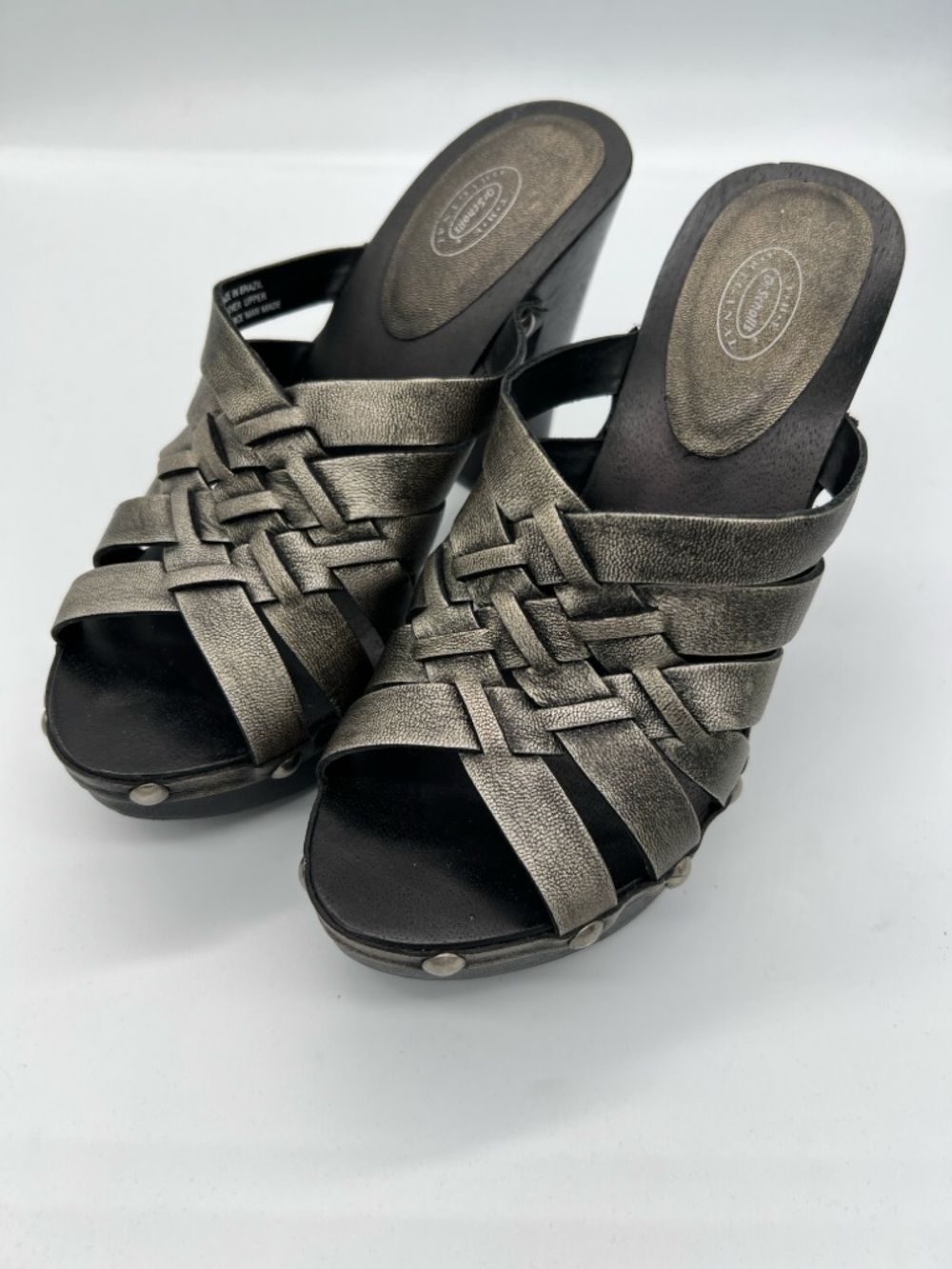 Dr Scholls Metallic Pewter Woven Open-Toe Clog Mules